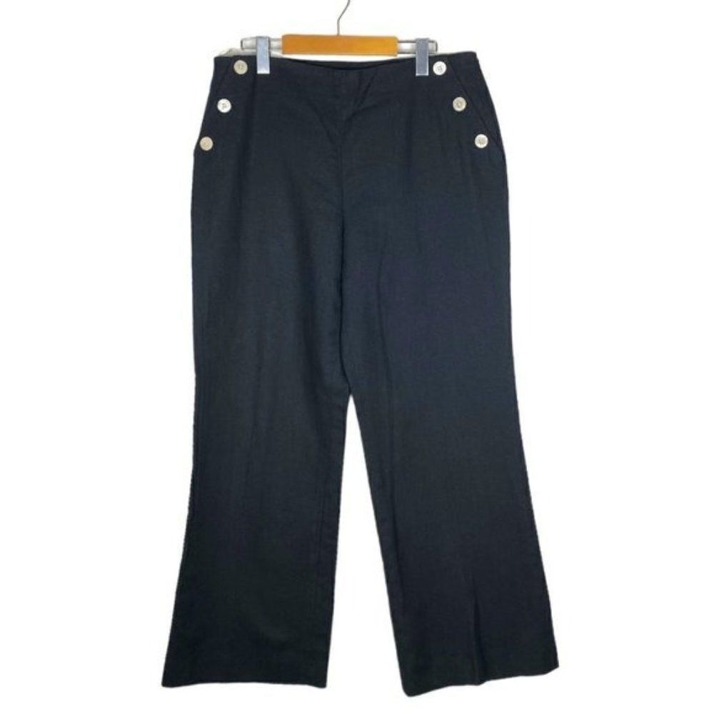 PRECIS PETITE Women's Black Linen High Rise Wide Leg Trouser Buttons US 14